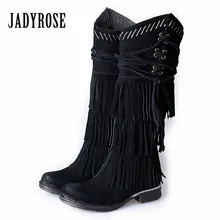 Jady/черные замшевые женские сапоги до колена; высокие сапоги с бахромой; женские сапоги на плоской платформе; Botas; зимние высокие сапоги для верховой езды с кисточками