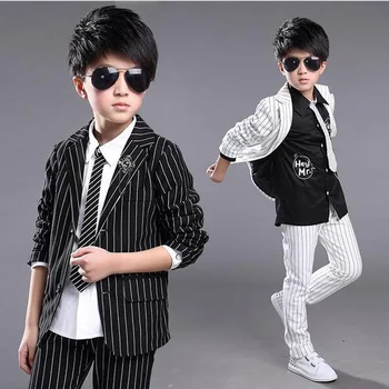 

New Kids Blazers Handsome Boy Suit For Weddings Formal Striped Black White Dress Wedding Boy Blazers 2pcs Tops+Pants