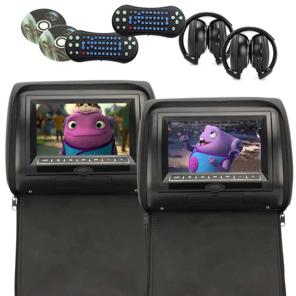 

Black 2pcs/lot Universal Digital TFT Screen zipper Car Headrest DVD Player Monitor USB FM Game Disc Remote with 2 X IR Headsets