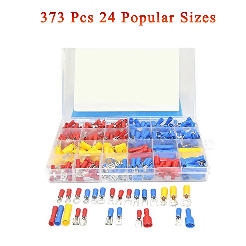 

373Pcs 24value Assorted Insulated Electrical Wire Terminals Crimp Connector Spade Butt Ring Fork Set 4 to 1/4 inch