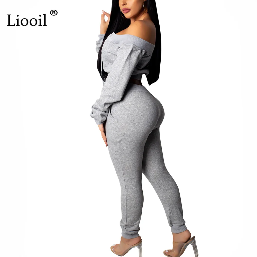 Liooil Off Shoulder 2pcs Active Set Women Outfits Sweatshirt Long Sleeve Crop Top And Pants Lace-Up Track Suits Woman Sets