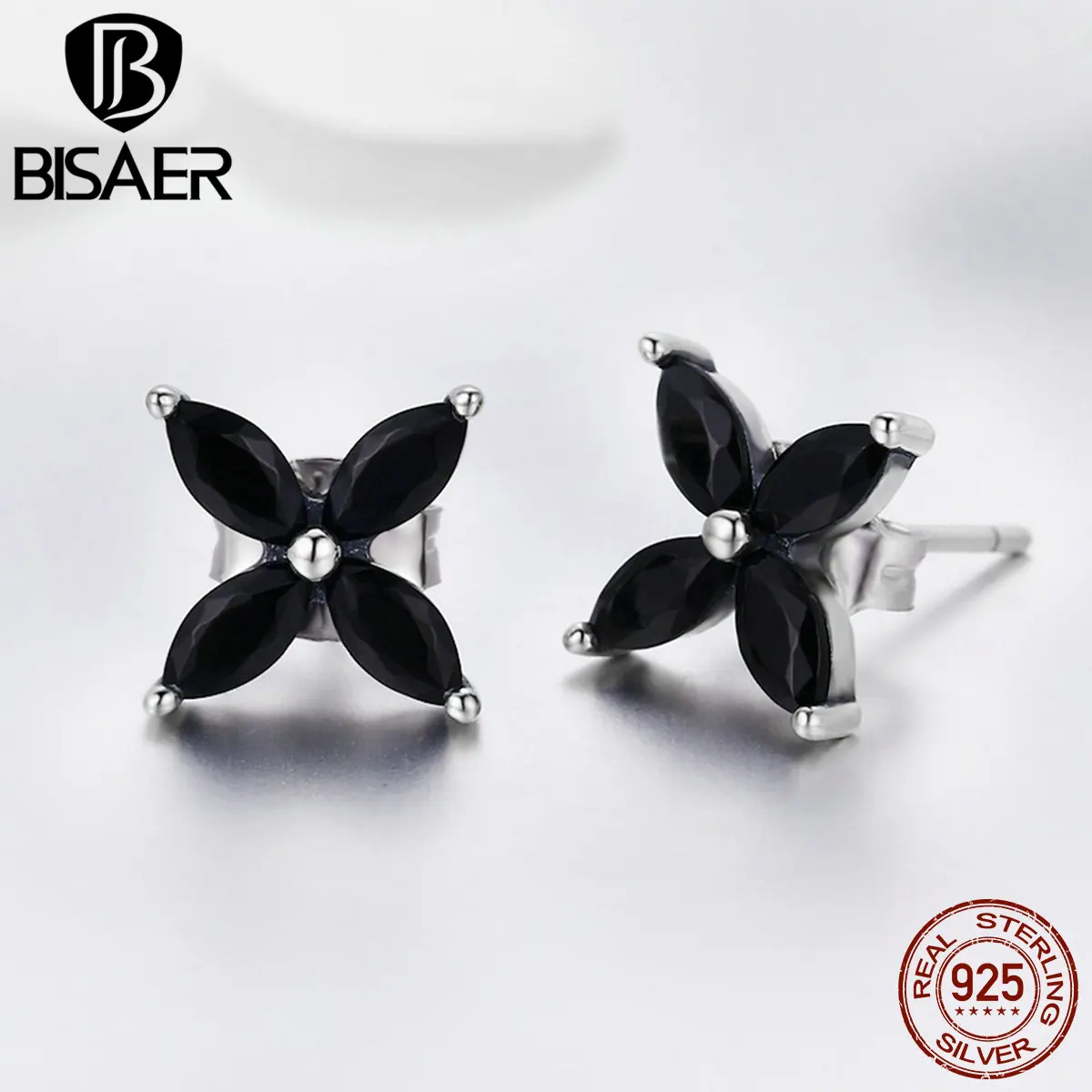 BISAER Brincos, 925 пробы, серебро, счастливый цветок клевера, Черный CZ, изысканные серьги-гвоздики, Женские Ювелирные изделия из стерлингового серебра ECE362