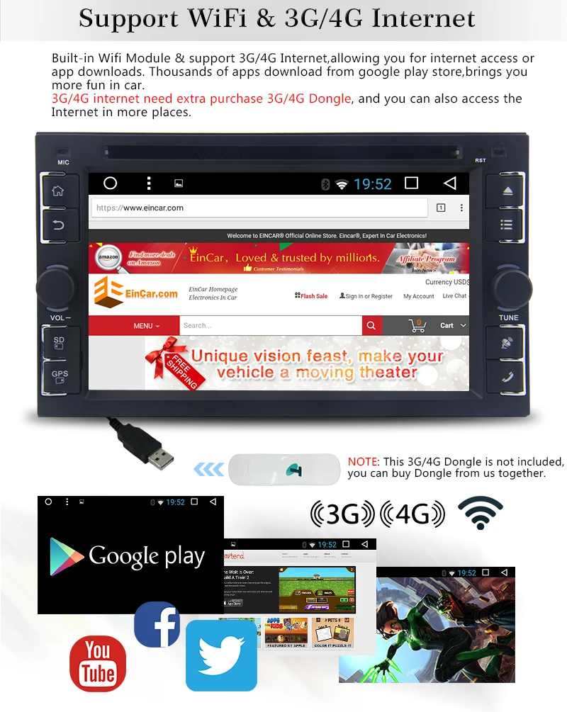 Top Android 6.0 Car DVD Player GPS Navi Touchscreen HD Auto Stereo 4 CORE Radio USB 3