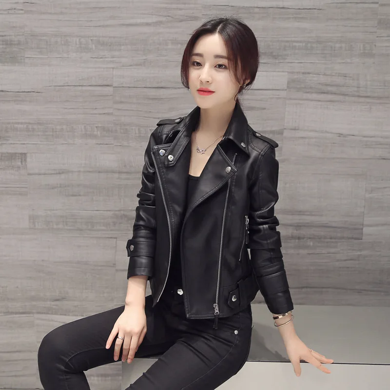 

Spring Autumn New Pu Motorcycle Leather Jacket Ladies Short Section Korean Slim Large Size Short Coat Small Leather Jacket A66