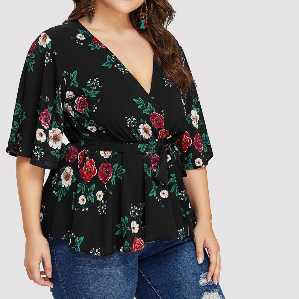 

large size Women's clothing Fashion V-Neck Print Short Flare Sleeve Casual loose Leisure Vibe Summer Vintage koszule damskie L*5