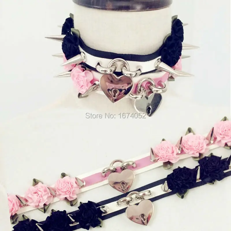 

100% Handcrafted Lolita Kawaii Double Row Leather Choker Clear Spikes Spiked Flower Choker Safe heart Lockable Collar Necklace