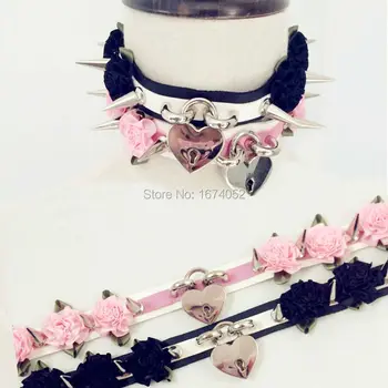 

100% Handcrafted Lolita Kawaii Double Row Leather Choker Clear Spikes Spiked Flower Choker Safe heart Lockable Collar Necklace