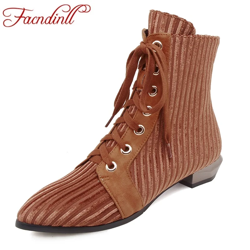 

FACNDINLL women autumn winter ankle boots new 2018 fashion low heels pointed toe lace up shoes woman dress casual riding boots