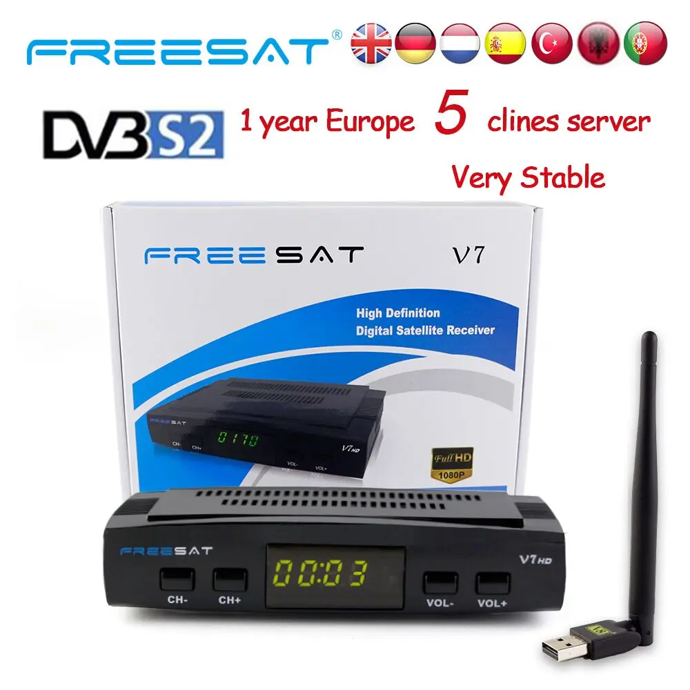 

1Year Spain Europe Cline 3PCS Freesat V7 HD DVB-S2 1080P Satellite TV Receiver+USB WIFI Portugal Spain Germany CLINE PK V8 Super