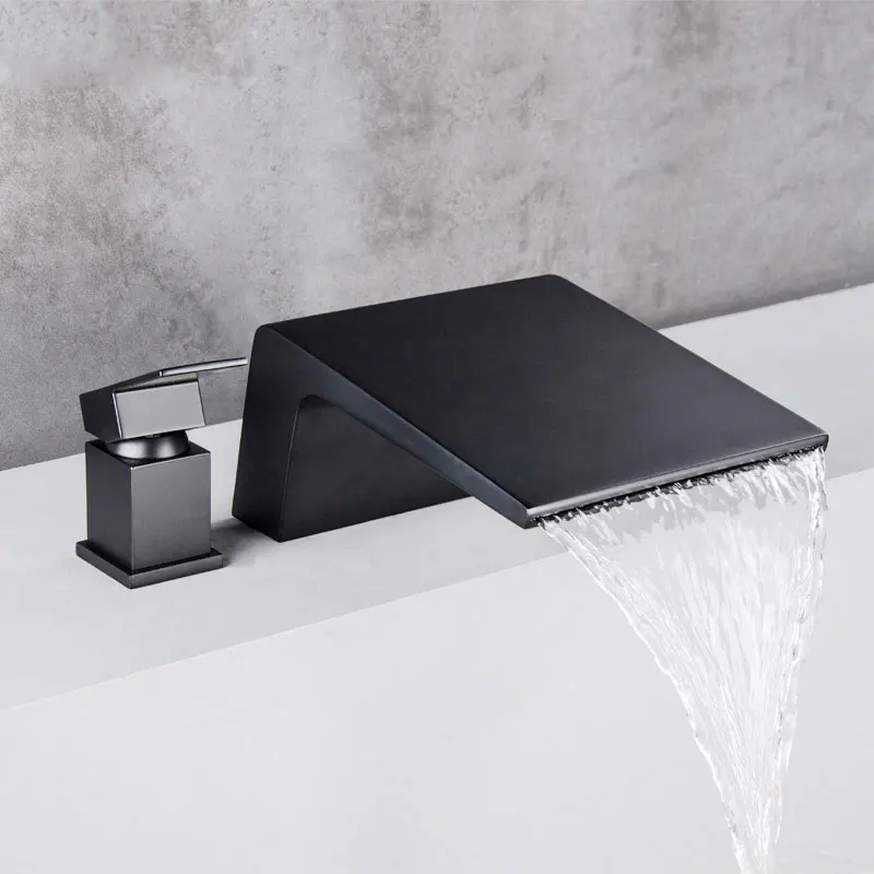 

All copper hot and cold mixer water surface basin faucet two piece two hole basin faucet black bathtub waterfall suit