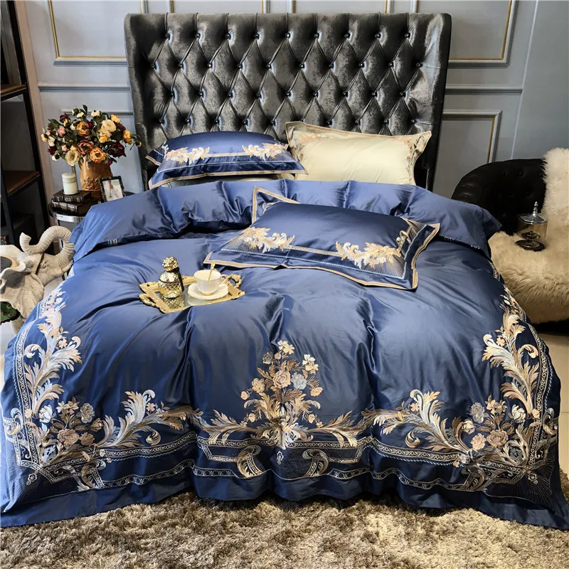 Blue White Luxury Gold Royal Embroidery 100s Egyptian Cotton