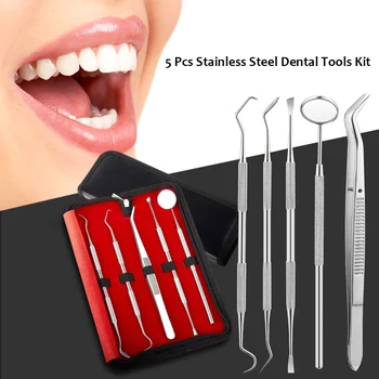 

5pcs Personal Stainless Steel Dental Tools Kit Teeth Tartar Scraper With Mouth Mirror & Teeth Scaler & Pick Tool & Storage Box