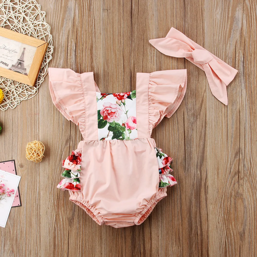 

New Newborn Infant Baby Kids Girls Clothes Set Cotton Ruffles Sleeve Tops Floral Bodysuit Jumpsuit + Headband Outfits Bodysuit