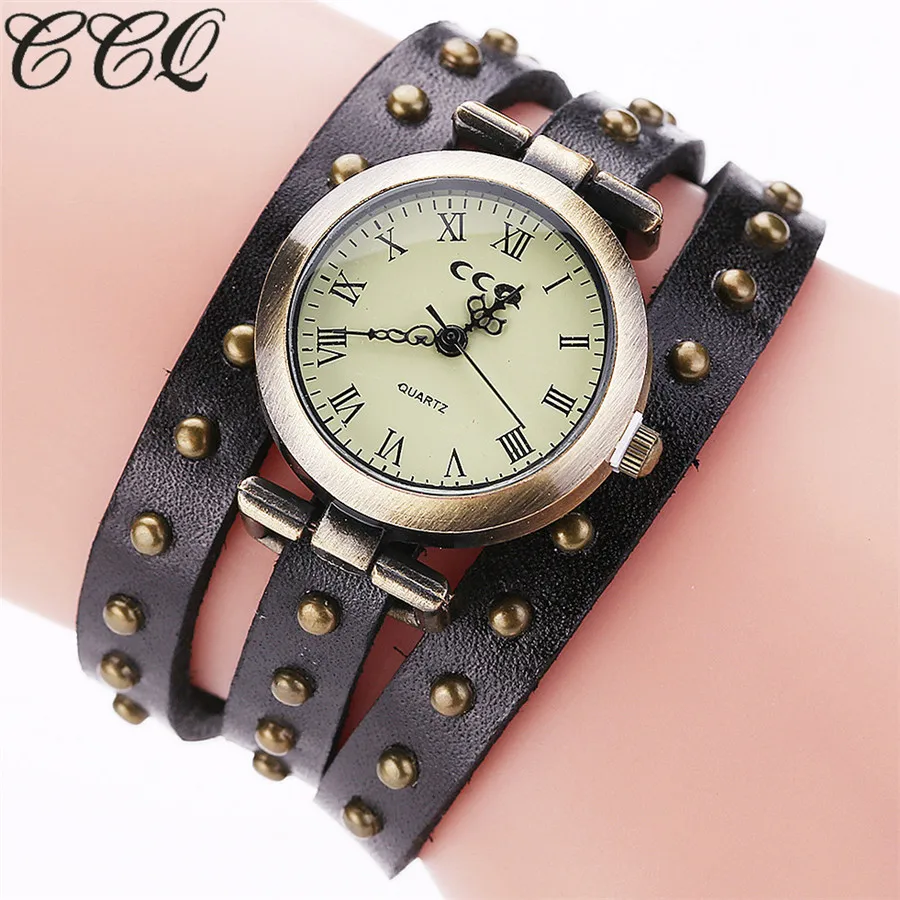 

CCQ Brand Vintage Rivet Watch Genuine Leather Women Bracelet Wristwatch Fashion Quartz Watch Relogio Feminino Drop Shipping