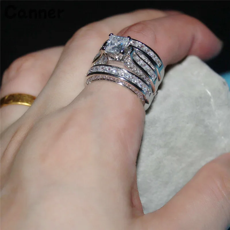 

Canner Boho Female Crystal White Round Ring 3Pcs/Set Wedding Luxury Inlaid Rhinestone Engagement Rings For Women