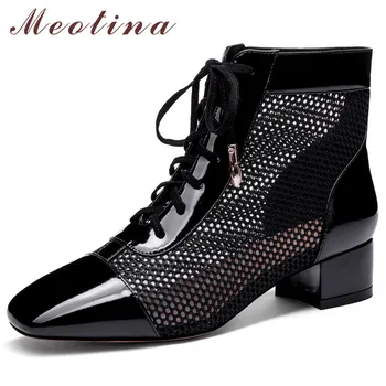 

Meotina Women Boots Real Leather Ankle Boots Lace Up Cutout Thick Heel Short Boots Genuine Leather Square Toe Shoes Lady Fall 39