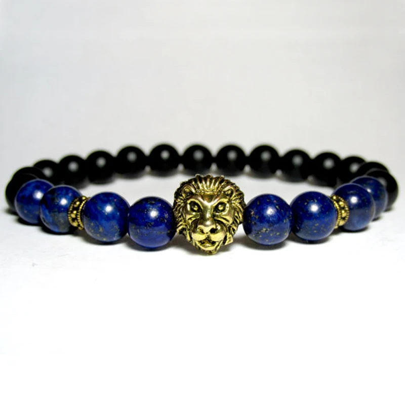 

SN0701 Unisex Lion Bracelet Lapis Lazuli and Onyx beaded Stretch Bracelets Yoga Energy Mala Beaded Bracelet