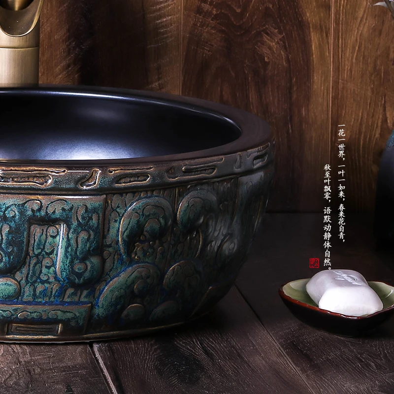 Цзиндэчжэнь керамический умывальник Бронзовый Круглый Китайский Персонаж отель ванная комната художественная резьба Керамическая умывальник раковина для ванной комнаты