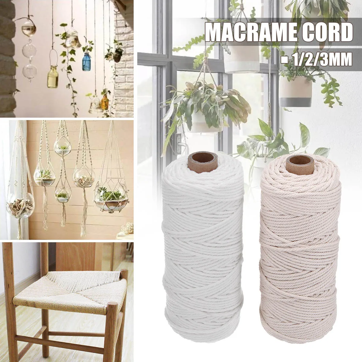 

Braided Soft Beige Twisted Cotton Rope Cord 1/2/3mm Craft Macrame String DIY Handmade Tying Thread Macrame Cord Rope Vase Decor