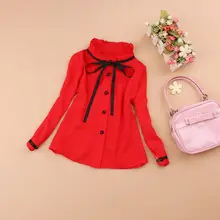 Весенне-Осенняя детская рубашка с длинными рукавами Школьная блуза для девочек топы, Детская рубашка блуза с бантом для маленьких девочек белая, Красная Шифоновая одежда JW2216