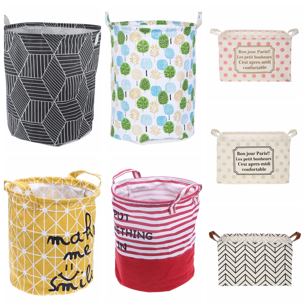 Smile Letter/Stripe Cotton Laundry Basket Cloth Dirty Clothes Organizer Barrel Home Storage Basket for Toys Underwear Sundries 