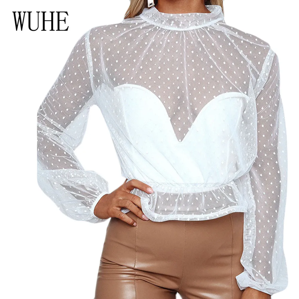 

WUHE High Quality See Through Mesh T-shirt Dress Elegant O Neck Long Sleeve Transparent Top Women Summer Hollow Out Club Wear