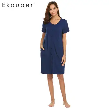 

Ekouaer Women Nightgown Button Night Dress Short Sleeve O Neck Sleepwear Chemise Sleepshirts Night Dress Female Nightie Homewear