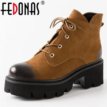 

FEDONAS New Vintage Round Toe Platform Women Ankle Boots Genuine Leather Lace Up High Heels Punk Short Boots Party Shoes Woman