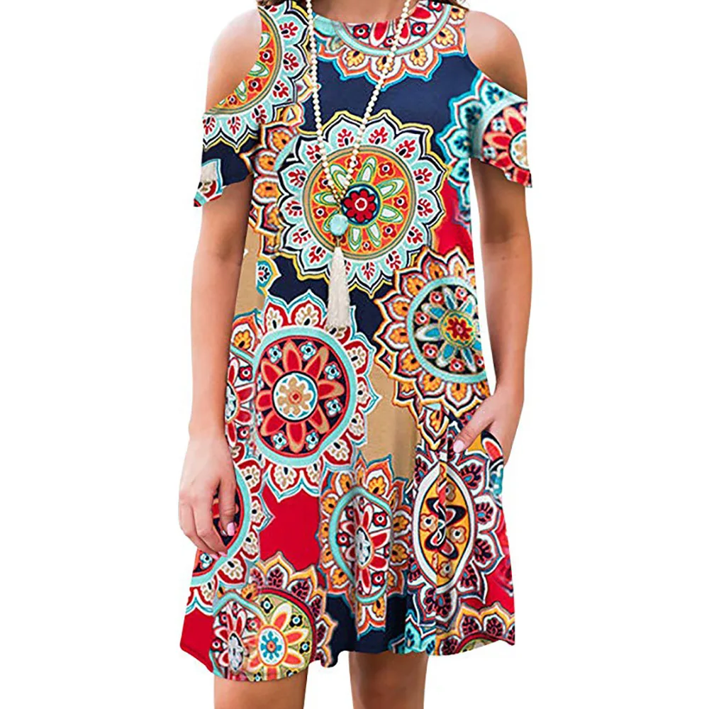 Модные женские платья летние женские с o-образным вырезом Ретро Винтаж Бохо Печатных большого размера плюс вечерние пляжные цветочные платья