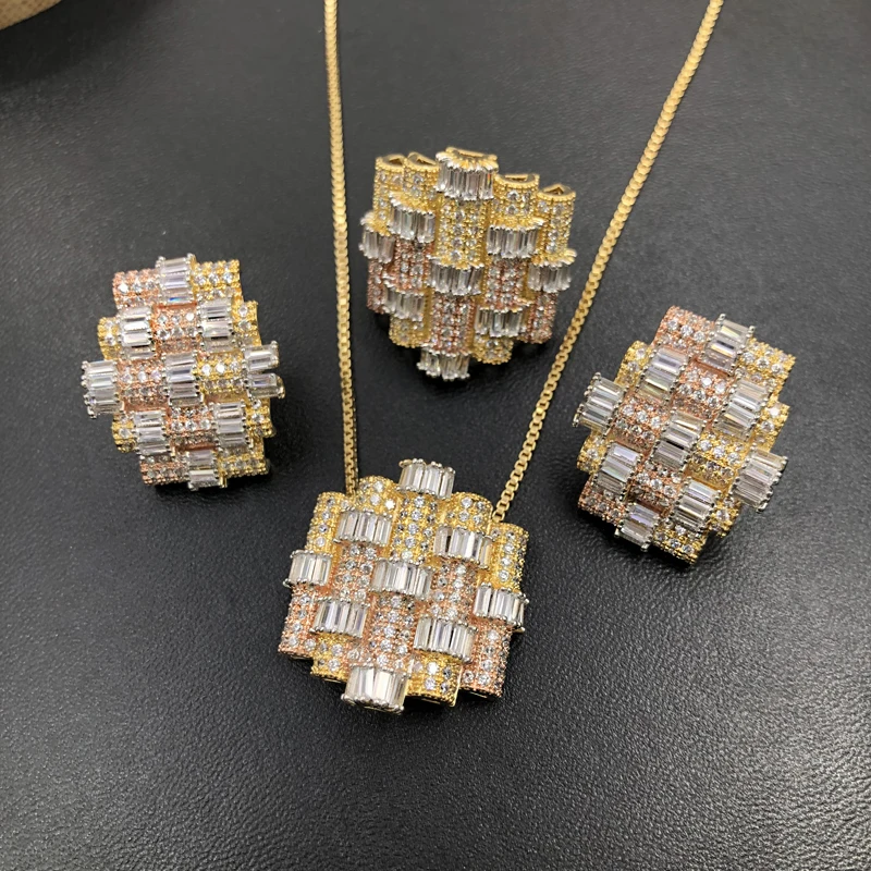 

Lanyika Jewelry Set Luxury Shiny Distinctive Square Zircon Micro Paved Necklace with Earrings and Ring for Bridal Best Gifts
