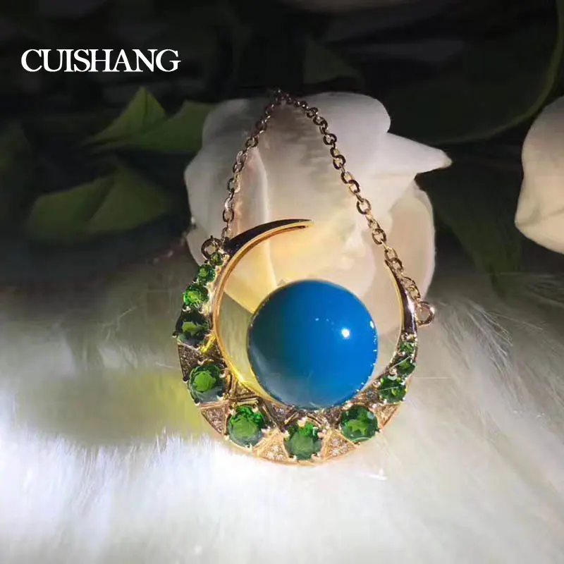 

CSJ Real Chrome Diopside and Blue Amber 925 Sterling Silver Pendant for Women Fine Jewelry wedding Engagement for women with box