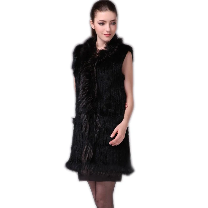 

Harppihop Fur vest Women knitted real genuine real rabbit fur vest overcoat pocket garment & raccoon collar without hood