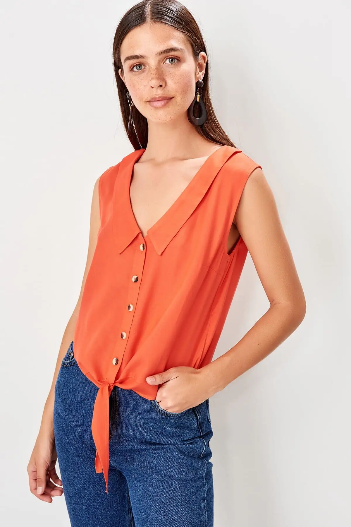Trendyol Гранатовый Цветок шнуровка детальная рубашка TWOSS19EH0249 | Женская одежда