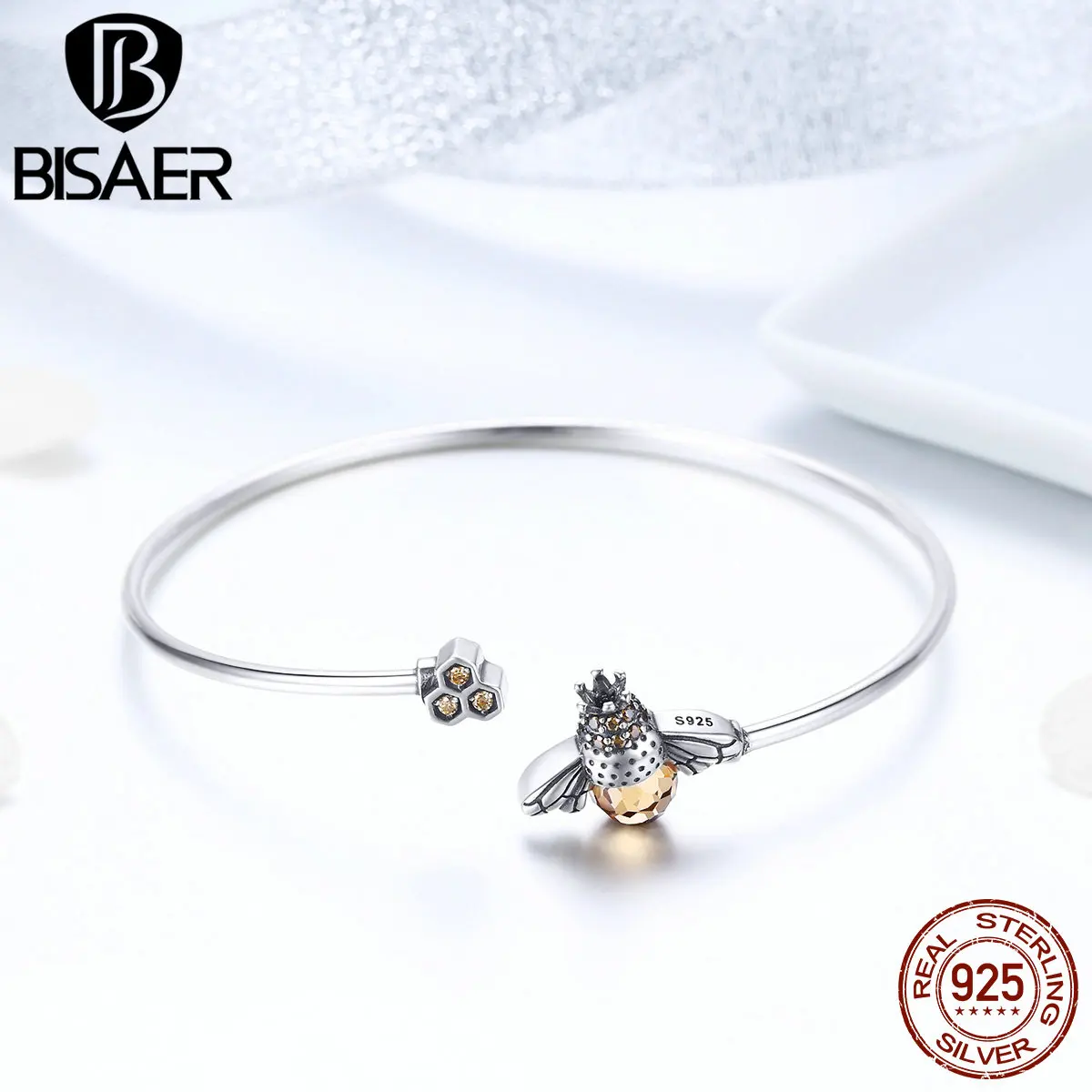 

BISAER Silver Bracelet for Women 925 Sterling Silver Busy Bee and Honeycomb Bangles Jonc Silver Original Femme HSB104