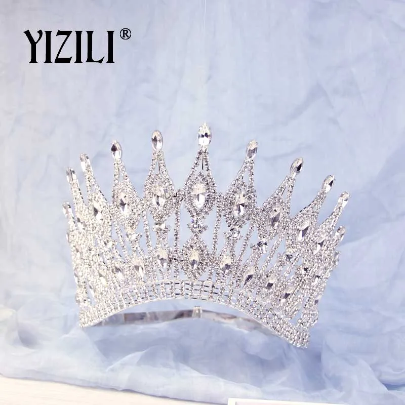 YIZILI, новинка, Роскошная большая Свадебная Корона невесты, стразы, великолепный кристалл, большая круглая Королевская корона, свадебные аксессуары для волос C070