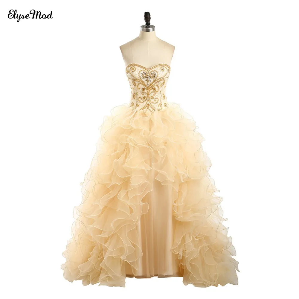 

Hot Sale Ball Gown Champagne Lace Sweetheart Prom Dresses Plus Size For 2018 Women Prom Ruffle Beaded Dress Free Shipping