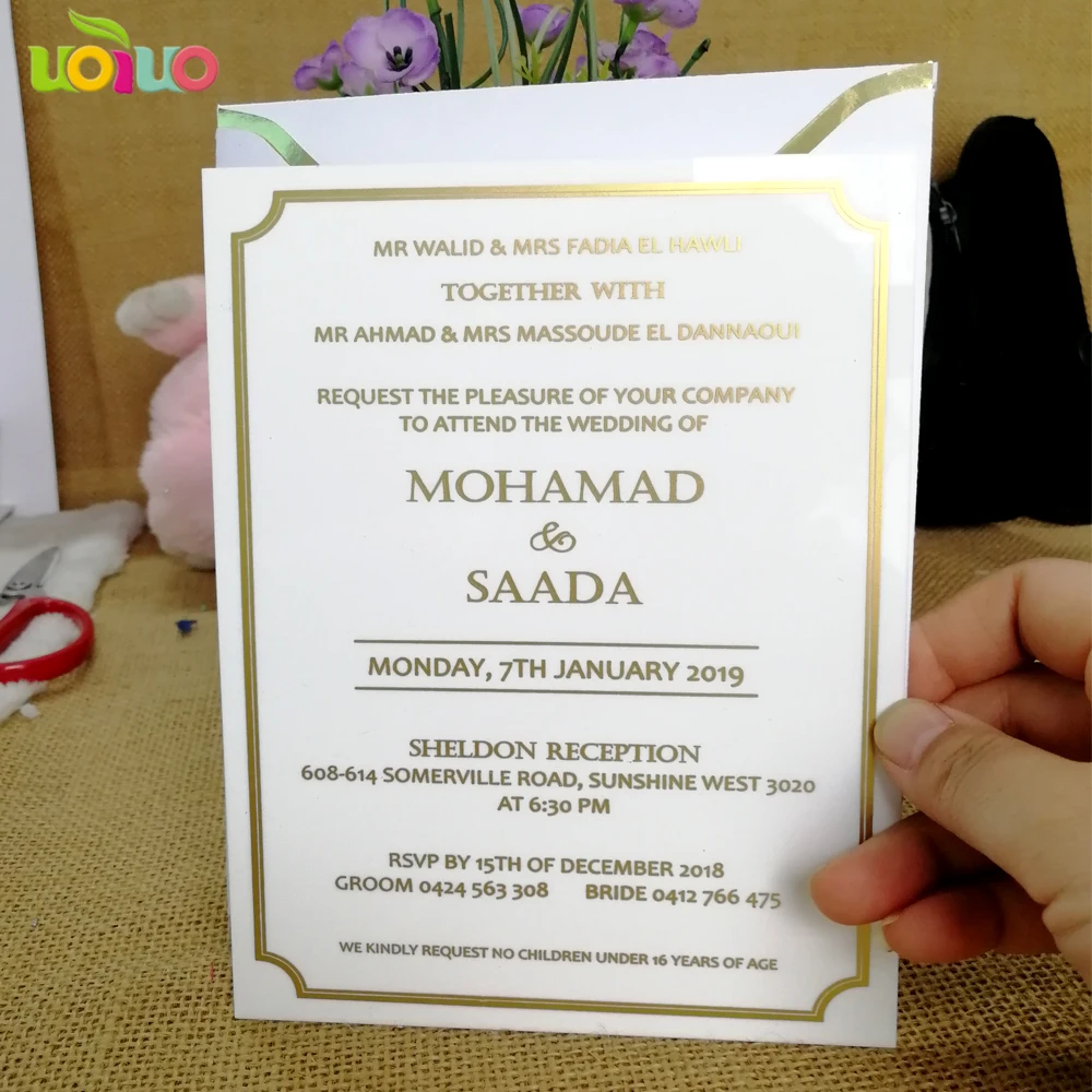  white acrylic card with gold printing wedding invitation card acrylic card wedding invitation card  - 32964883606