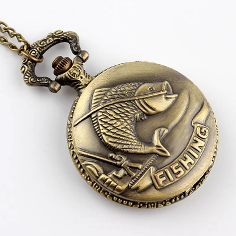Античная бронза Рыбалка Дизайнер кварцевые карманные часы Цепочки и ожерелья цепь унисекс подарок Для женщин Для мужчин с рыбой часы