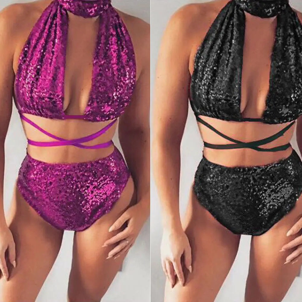 

2PCS Summer New Women Push Up Beach Swimwear Sequin 2018 Triangle Bra Bikini Set Bathing Swimsuit