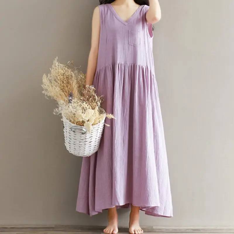 

New Women Casual Loose Dress 2019 Summer Autumn Long Maxi Cotton Linen Dresses V-Neck Vest Dress Vestidos Large Size S-5XL 6XL