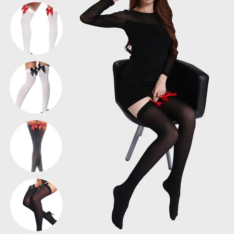 Sexy Women Lady Nylon Stockings Stretchy Over Knee High Long Stockings Tights with Bows Calcetines Mujer