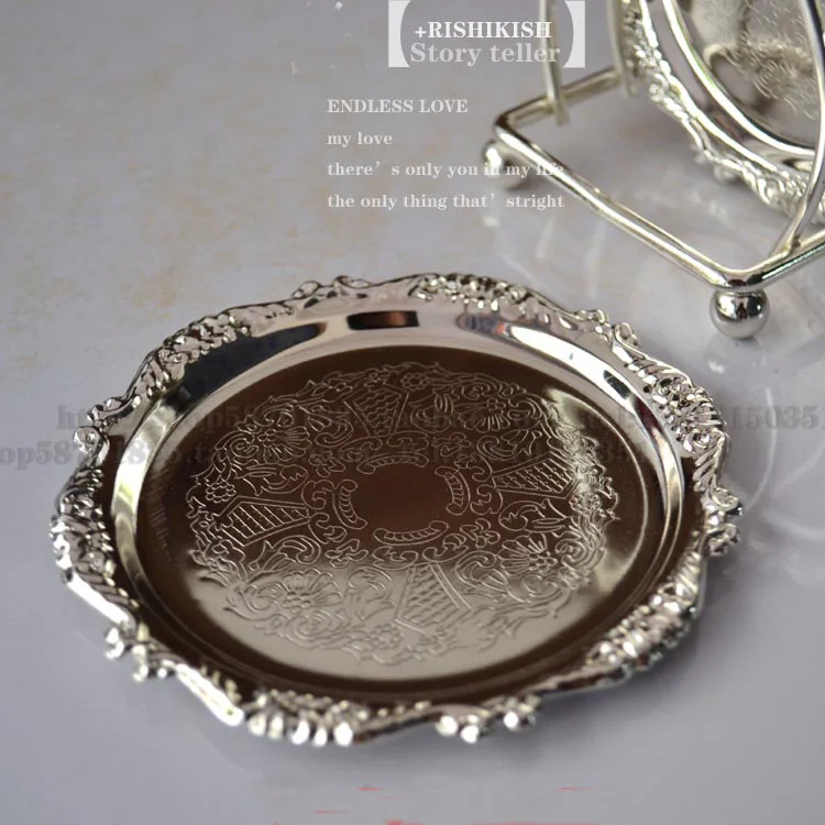 6PCS/set alloy metal round coffee/tea cup coaster cup pad mat with wire rack holder engraved embossed desk set dishware 340B