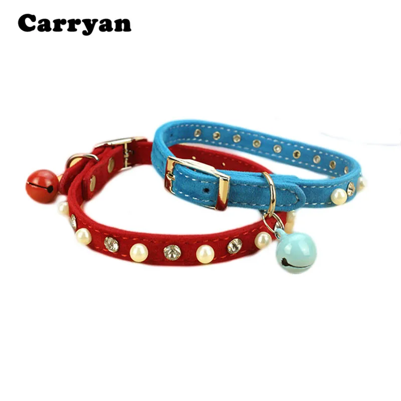 Flocking Single Row Pearl Pet Dog Collar With Bell Adjustable Durable