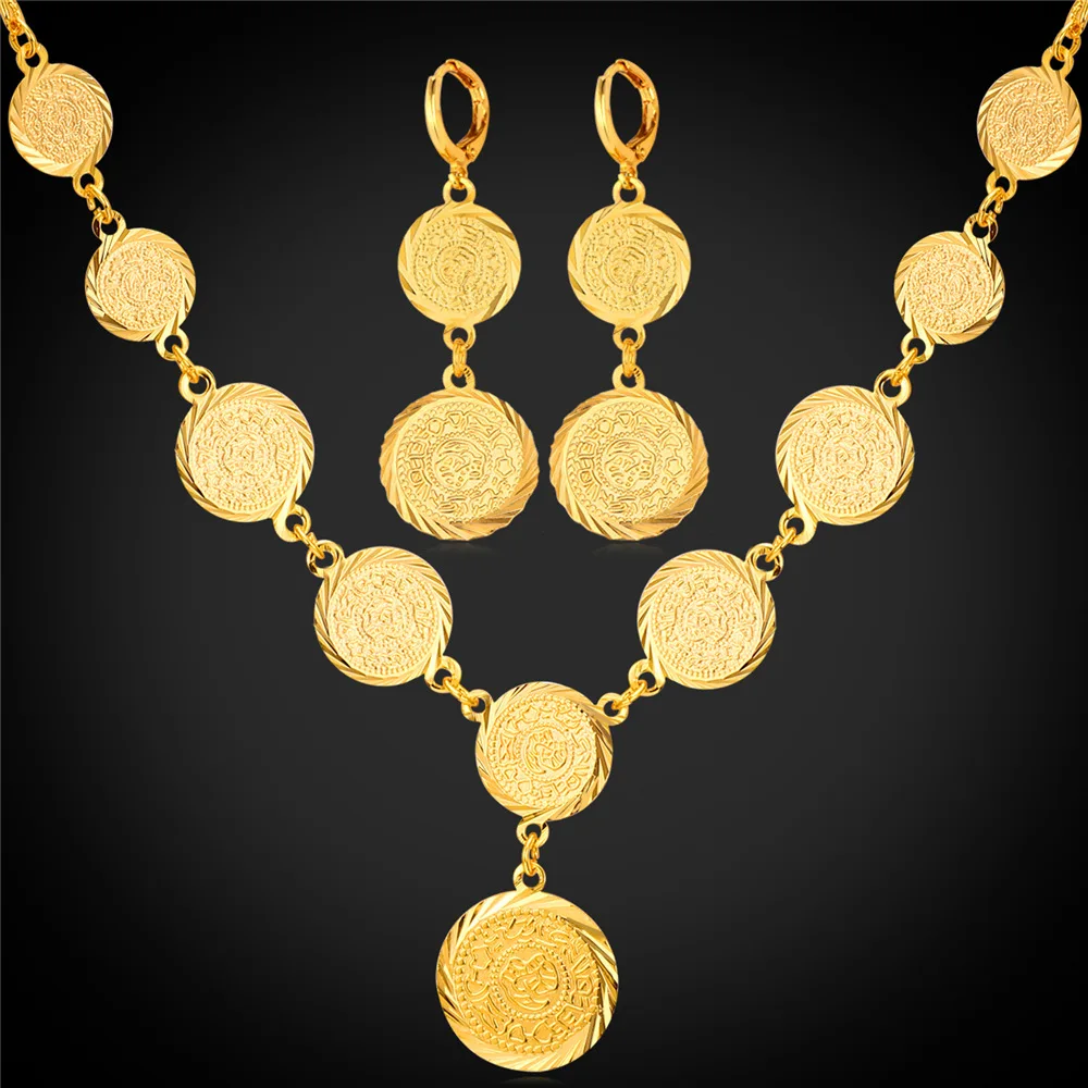 Комплект женских серег и ожерелья золотого цвета в мусульманском стиле|earrings set for