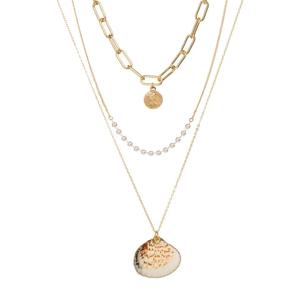 Bohemian 3 Multilayer Shell Chain Necklace For Women gold Color Coin Pearl Charm Choker Jewelry Accessories | Украшения и