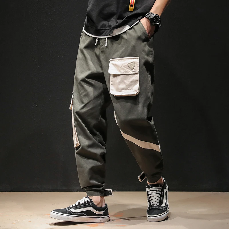 2019 Cargo Pants Mens Casual Joggers Baggy RIbbon Tactical Trousers Harajuku Harem Streetwear Hip Hop Pants Multi Pockets Loose