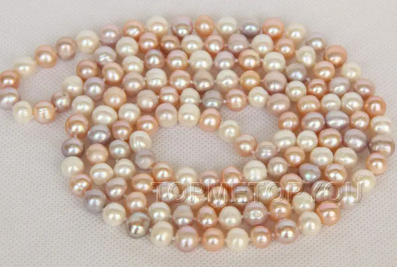 

D82 Free shipping >>>>>>47" 10mm near round white pink purple cultured pearl necklace E2538A72