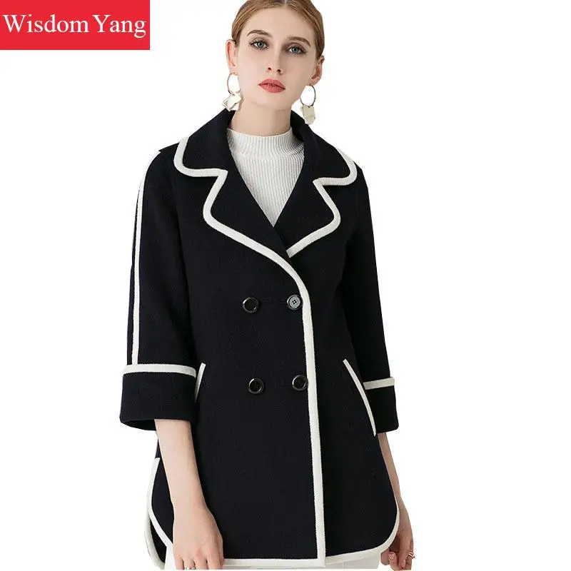 

Elegant Black White Women Coats Winter Short 2018 Female Wool Overcoat Woolen Half Sleeve Woman Casual Coat Ladies Outerwear