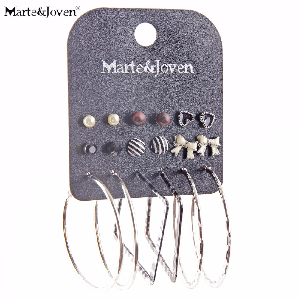

Marte&Joven Zebra Printing Silver-color Round/Square Hoops Earring Set Women Mix Striped Ear Studs Wood/Enamel Stud Sets 9 Pairs