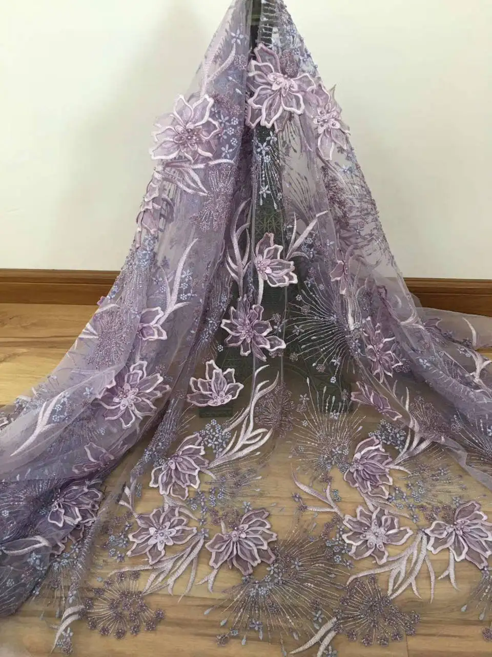 

lilac french lace fabrics Latest elegant 3d appliques tulle mesh lace fabric with beads nigerian lace 5yards RG204
